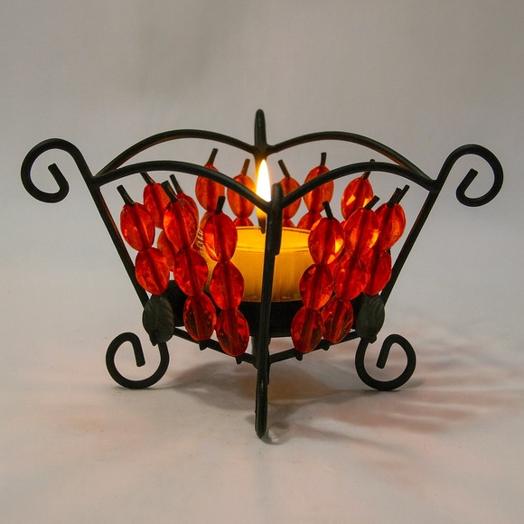 Crystal Cut Amber Beaded Votive Candle Holder 3 Inch Tall - Picture 2 of 6